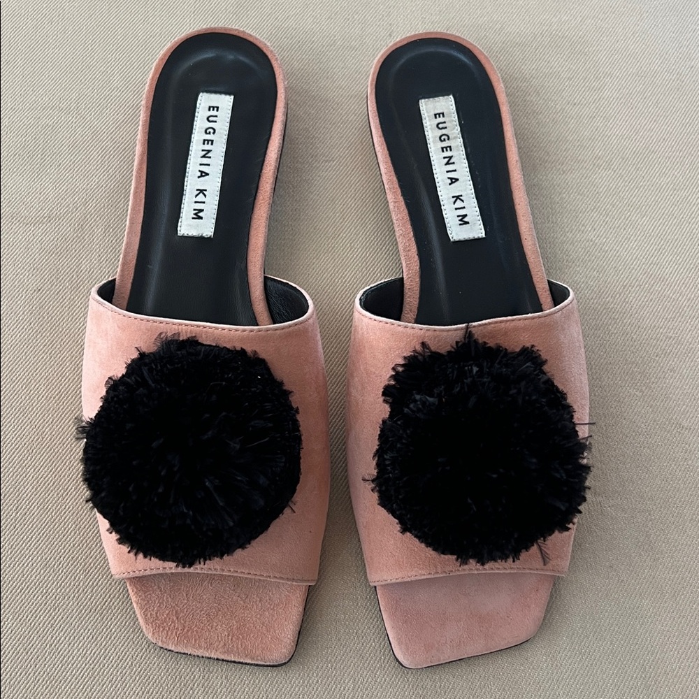 Eugenia Kim Pink Slide Sandals with Black Pom Pom